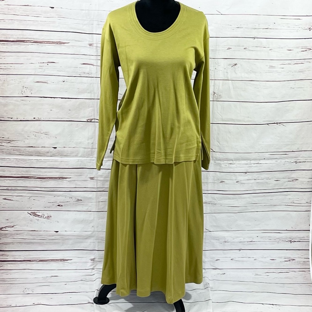 Peruvian Connection 2PC Skirt Suit Womens M Green Pima Cotton Maxi Long Sleeve.